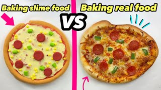 Baking real food VS slime CHALLENGE Pizza edition Emmes kreaverden [upl. by Lairbag]