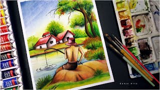 Watercolor painting  How to draw scenery of fishing step by step  Sanju Arts [upl. by Naletak229]