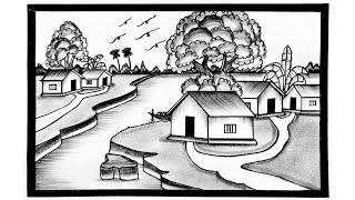 How To Draw A Beautiful Village Scenerylandscape scenary drawingsimple nature scenery drawing137 [upl. by Esined490]