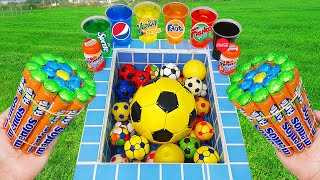 Pool Experiment Pepsi Cola of Fanta vs Footballs Popular Sodas Colorful Sugars Coca Cola And Mentos [upl. by Anirba492]