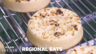 How English Crumpets Are Made At Europes Biggest Bakery  Regional Eats [upl. by Inalej]