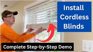 CORDLESS Venetian Blinds installation  Inside vs Outside how to Mount BHG 2 faux wood blinds  DIY [upl. by Bev897]