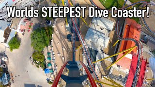 Dr Diabolicals Cliffhanger Front Row POV Six Flags Fiesta Texas BampM Dive Coaster [upl. by Anirdnaxela418]