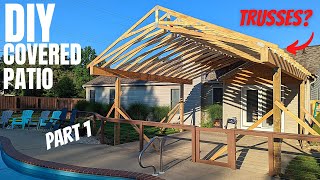 DIY Covered Patio  P1 Building A Roof To Cover My Concrete Patio  Foundation Framing amp Roofing [upl. by Lundgren]