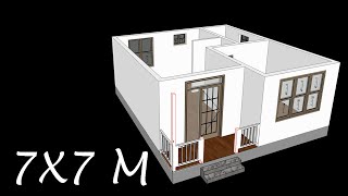 7x7 Small house plan with 1 bedroom and full dimensions [upl. by Zarah]