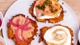 Easy crispy POTATO LATKES  3 Topping Ideas [upl. by Kat]