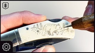 I Try Etching a Bear on a BONE KNIFE HANDLE  Art of SCRIMSHAW [upl. by Lunette6]