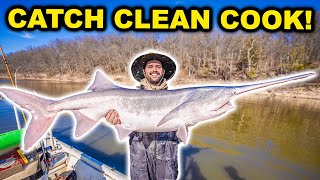 Catching PREHISTORIC DINOSAUR Fish in the RIVER Catch Clean Cook [upl. by Clementina]