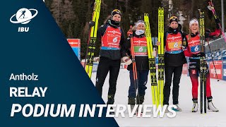 World Cup 2122 Antholz Women Relay Podium Interviews [upl. by Defant158]