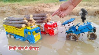 Mini Tractor Pulled Out The Wood Loading Truck From The Mud  Thar 4x4 Accident Video  Parth Kids [upl. by Akram]