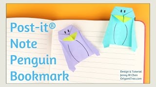 Origami Bookmark  Origami Penguin Bookmark  Postit® Note Crafts  Easy Paper Crafts [upl. by Magan]