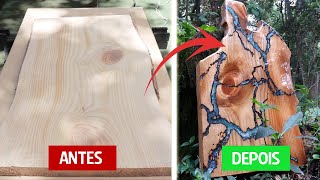 Aprenda a fazer o efeito lichtenberg queimando a madeira e aplicando Resina Epoxi Wood Burning [upl. by Oznole]