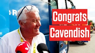 Patrick Lefevere Congratulates Mark Cavendish For Record In The Tour de France 2024 [upl. by Thordia]