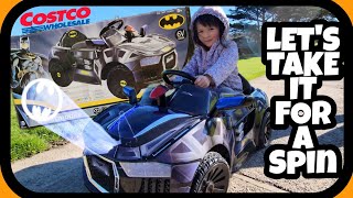 Batman ECruiser Electric Ride On EV Sport Car V6 Vehicle Costco Unboxing My Meghan Girl Drive 4K [upl. by Annaeiluj115]