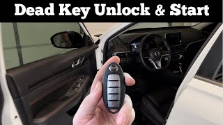 2019  2023 Nissan Altima  How to Unlock Open amp Start With Dead Remote Key Fob Battery [upl. by Ahtelahs]