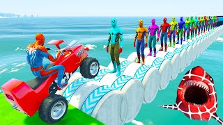 Superheroes on a motorcycle ride over the sea along the SpiderMan Bridge GTA 5 [upl. by Alekahs]