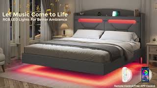 LED Floating Bed Frame With Charging Station Hidden Storage [upl. by Brenna]