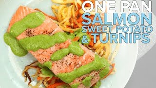 OnePan Salmon with Spiralized Sweet Potatoes and Turnips [upl. by Ajidahk678]