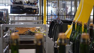 Ligne dencaissage de bouteilles en verre  Case packing line for glass bottles by TECMA ARIES [upl. by Bakerman]