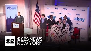 Protesters disrupt Mayor Adams speech on new NYC skyscraper [upl. by Attenwad858]