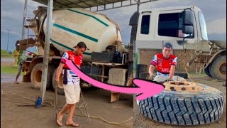 Changing new tire for Cement Mixer truck by hand Changing a truck tire Full Video [upl. by Nicholas25]