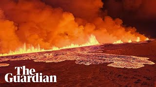 Aerial footage shows Iceland volcano spewing lava [upl. by Treblihp]