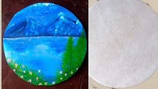 Landscape Acrylic painting ll How to make round canvas at home ll Homemade canvas ll [upl. by Ahseirej]