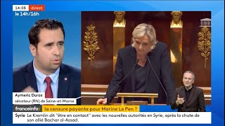 Les Français soutiennent la position du RN sur la censure   Aymeric Durox France Info [upl. by Ulyram]