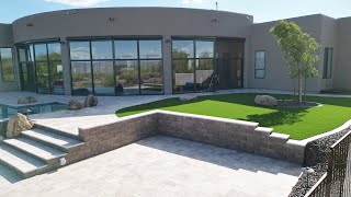 Backyard Pool area with artificial turf travertine and a putting green [upl. by Eimorej]