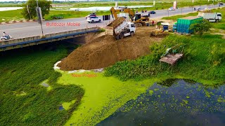 Incredible new project in the world pours soil to build a road under the bridge by dozer komatsuD31P [upl. by Kutchins]