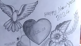 Happy new year 2024 drawing pencil sketch 2024 [upl. by Ecart]