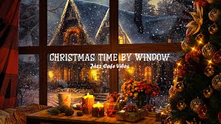 Christmas Time By Window 🎄 Cozy Coffee Shop Ambience and Relax Jazz Piano Music 🎀 Snowfall on Window [upl. by Aronek]