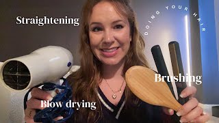 ASMR  Doing your hair  Brush straightener blowdryer amp hair oil whispered [upl. by Idnil]