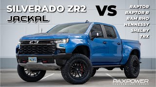 Silverado ZR2 Jackal Compared to Raptor R Ram RHO  TRX Shelby and Hennessey [upl. by Esten]