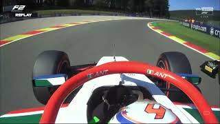 Andrea Kimi Antonelli overtake on Dennis Hauger F2 Belgian GP 2024 feature race [upl. by Leinoto]