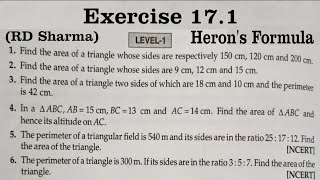 RD SHARMA Ex 171 Q1 to Q6 Solutions for class 9 Maths Chapter 17 Herons Formula [upl. by Elleron]