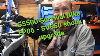 GS500 SurvivalScrambler Build  EP06  Sv650 Shock Install [upl. by Ahsinyar]