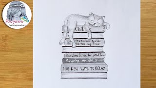 How to draw A cat sleeping on the books  step by step  Pencil Sketch for beginners [upl. by Anitsua]