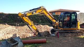 CATERPILLAR 308E2 and KUBOTA U554 working on a trench  Cividale del Friuli Italy [upl. by Perle380]