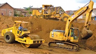 Excavator Dump Trucks Motor Grader Compactor Busy Working On Toll Road Construction [upl. by Hillery]