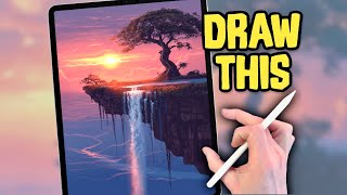 PROCREATE Landscape DRAWING Tutorial in Easy STEPS  Waterfall Tree Sunset [upl. by Romona943]