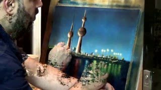 Kuwait Towers Oil Painting درس رسم  رسم أبراج الكويت رسم زيتي [upl. by Alderman]