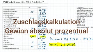 BWH Industriemeister 20042 Herbst Aufgabe 7  Zuschlagskalkulation Gewinn absolut prozentual [upl. by Eanerb]