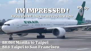 EVA Air Economy  BR262 amp BR8 Manila MNL to San Francisco SFO via Taipei TPE [upl. by Krell]