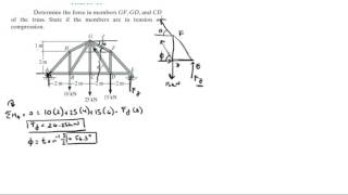 Determine the force in members GF GD and CD of the truss [upl. by Minnnie755]