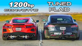 1200hp Corvette C8 v Model S Plaid DRAG RACE [upl. by Saretta]