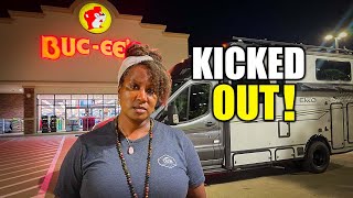 WE GOT KICKED OUT Boondocking Fail at Bucee’s in our Camper Van RV Life [upl. by Woodhead]