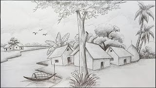 How to draw Scenery  Landscape by pencil sketch step by step [upl. by Mihar]