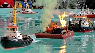 FIRE EXPLOSION amp SMOKE ON THE WATER MANY RC MODEL SHIPS COME TO RESCUE  Faszination Modellbau 2016 [upl. by Towbin]