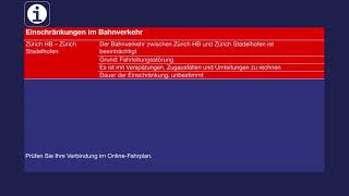 SBB Ansage  Information zum Bahnverkehr  Fahrleitungsstörung zwischen Zürich HB und Stadelhofen [upl. by Rhoda350]